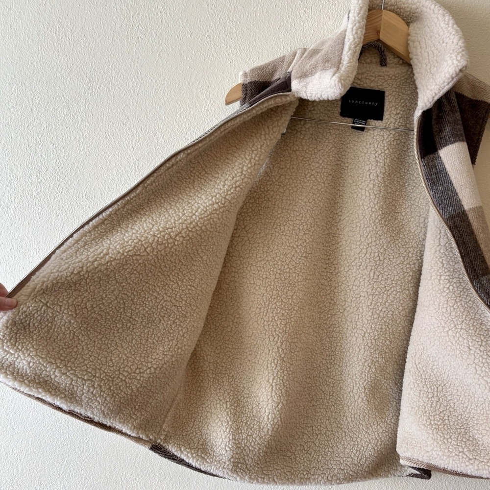 Sanctuary Plaid Sherpa Lined Vest Women's S Zip Front Brown Tan Cream Gorpcore - Picture 3 of 11